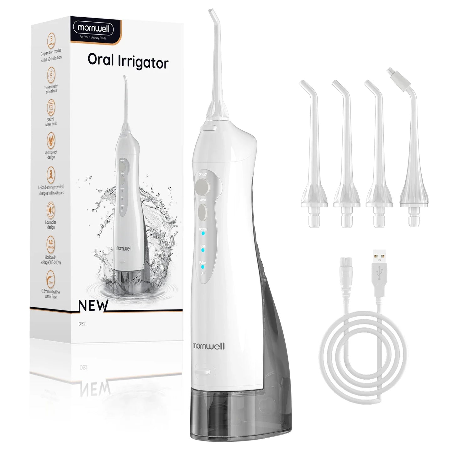 D52 Portable Water Flosser – 3 Modes, 4 Jets, IPX7 Waterproof